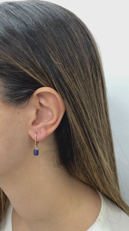 Dangle Rectangle Sapphire Earring 8K/10K/14K Solid Gold, September Birthstone
