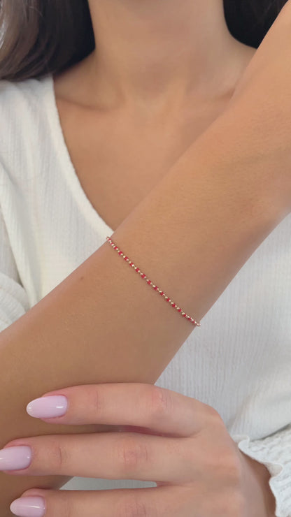 Ruby Enameled Beaded Bracelet 14K Solid Gold / Silver, Mini Italian Ball Chain, July Birthstone
