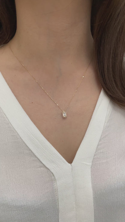 Rectangle Aquamarine Necklace with Real Diamond 14K Solid Gold, March Birthstone