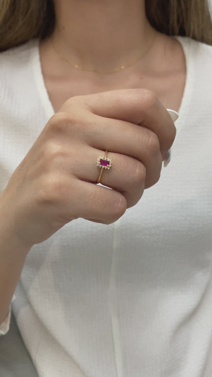 Ruby Rectangle Ring with Real Diamonds, 14K Solid Gold