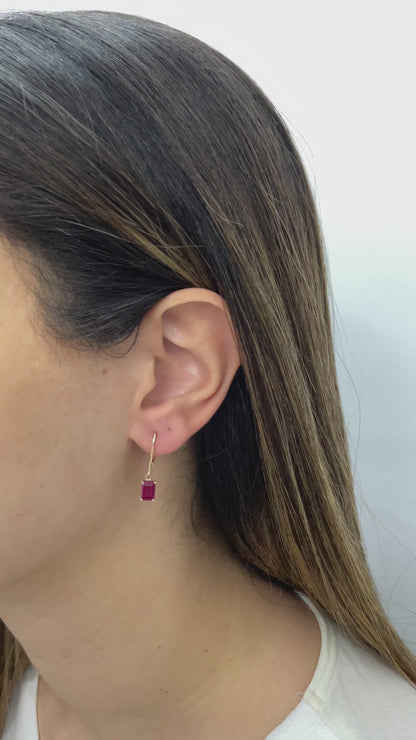 Dangle Rectangle Ruby Earring 8K/10K/14K Solid Gold, July Birthstone