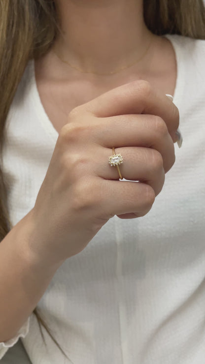 White Topaz Rectangle Ring with Real Diamonds, 14K Solid Gold