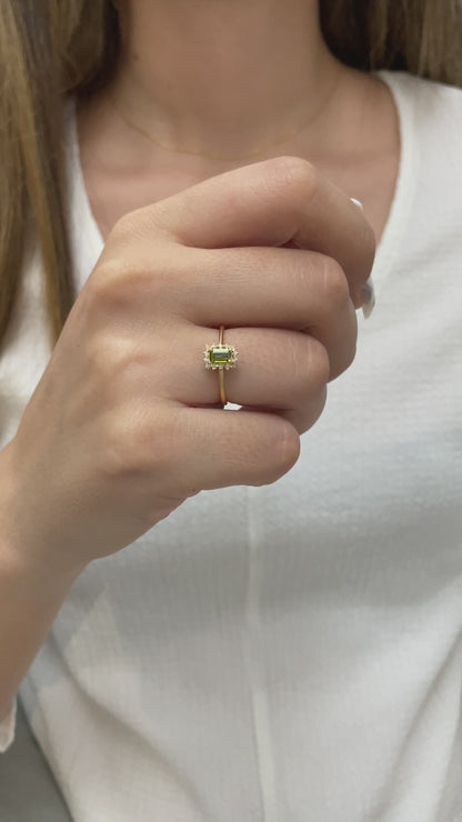 Peridot Rectangle Ring with Real Diamonds, 14K Solid Gold