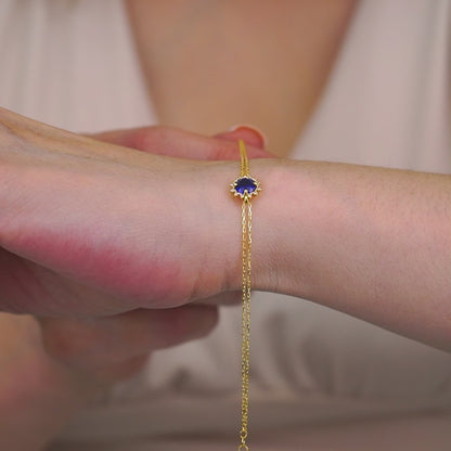 Round Sapphire Bracelet with Real Diamond, 8K/10K/14K Solid Gold, September Birthstone