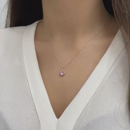 14K Gold Pink Tourmaline & Diamond Necklace - Real Round Birthstone Pendant, Perfect Gift for Mother's Day - Girlfriend - Wife