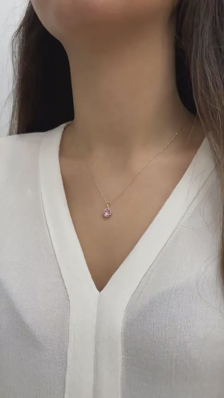 14K Gold Pink Tourmaline & Diamond Necklace - Real Round Birthstone Pendant, Perfect Gift for Mother's Day - Girlfriend - Wife