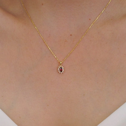 Teardrop Garnet Bezel Necklace in 8K/10K/14K Solid Gold Surrounded with Real Diamonds, January Birthstone Jewelry