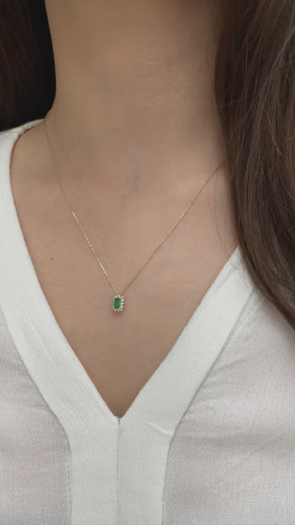 Rectangle Emerald Necklace with Real Diamond 14K Solid Gold, May Birthstone