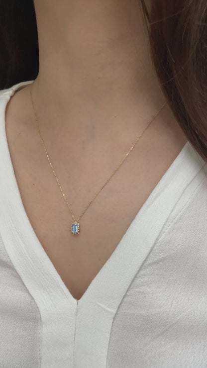 Rectangle Blue Topaz Necklace with Real Diamond 14K Solid Gold, December Birthstone