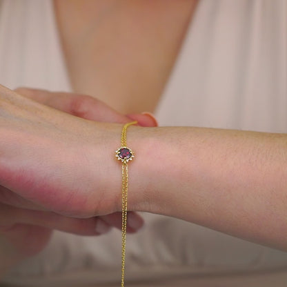 Round Garnet Bracelet with Real Diamond, 8K/10K/14K Solid Gold, January Birthstone