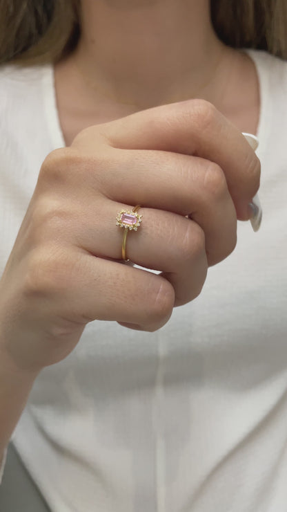 Pink Tourmaline Rectangle Ring with Real Diamonds, 14K Solid Gold