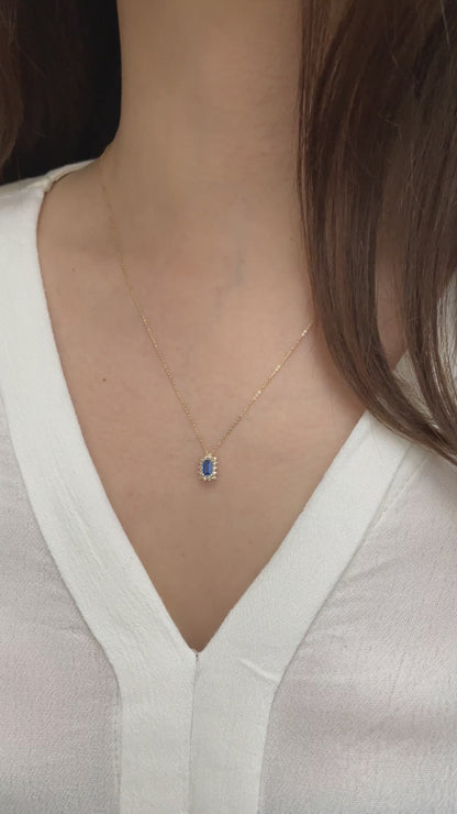 Rectangle Sapphire Necklace with Real Diamond 14K Solid Gold, September Birthstone