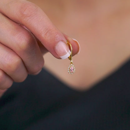 Teardrop Dangle Pink Tourmaline Earring Surrounded by Real Diamonds 8K/10K/14K Solid Gold, October Birthstone