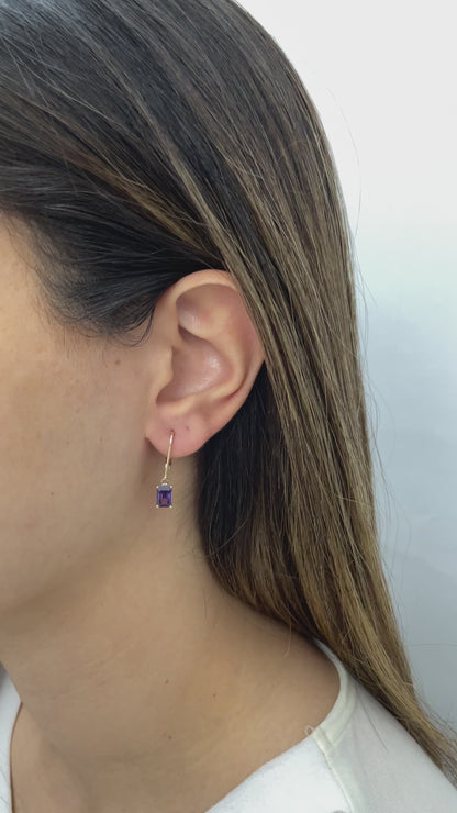 Dangle Rectangle Amethyst Earring 8K/10K/14K Solid Gold, February Birthstone