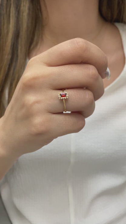 Garnet Rectangle Ring with Real Diamonds, 14K Solid Gold