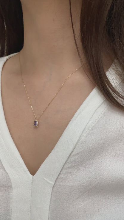 Rectangle Amethyst Necklace with Real Diamond 14K Solid Gold, February Birthstone