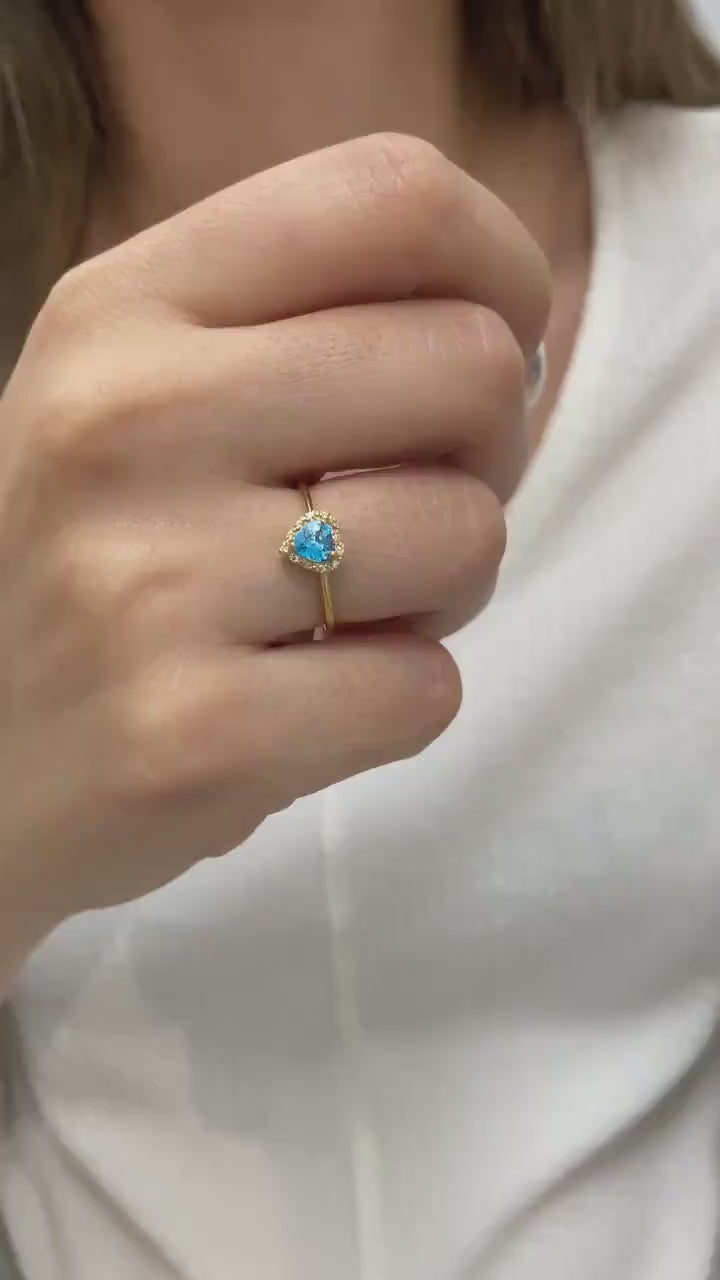 Real Diamond Heart Blue Topaz Ring 14K Solid Gold, Birthstone Pendant, Perfect Gift for Mother's Day - Girlfriend - Wife