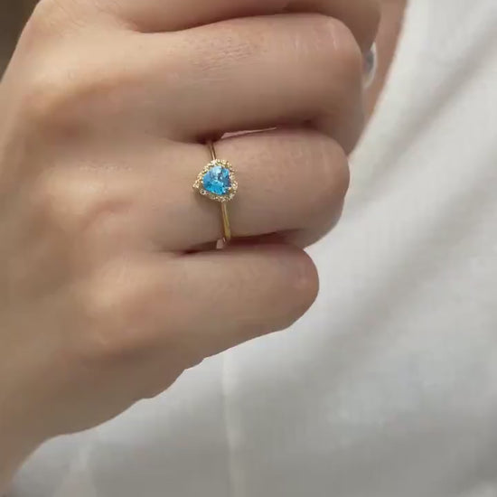 Real Diamond Heart Blue Topaz Ring 14K Solid Gold, Birthstone Pendant, Perfect Gift for Mother's Day - Girlfriend - Wife