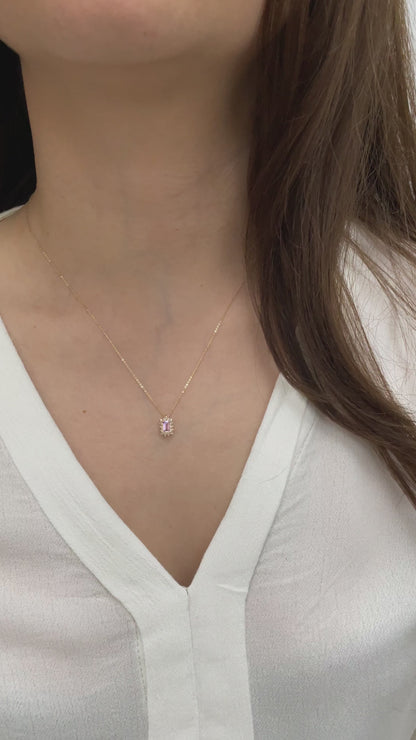 Rectangle Pink Tourmaline Necklace with Real Diamond 14K Solid Gold, October Birthstone