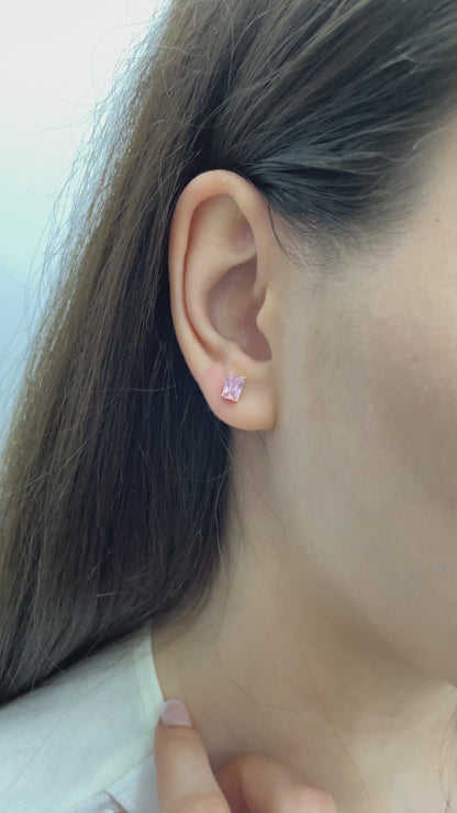 Pink Tourmailine Rectangle Stud Earring in 10K/14K Solid Gold, October Birthstone