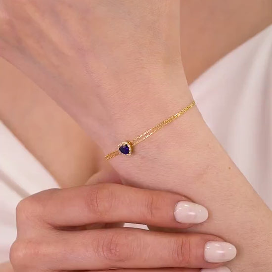 Heart Sapphire Bracelet 14K Solid Gold Real Diamond, Sapphire Birthstone September Jewelry,Perfect Birthday,Anniversary or Mother's Day Gift