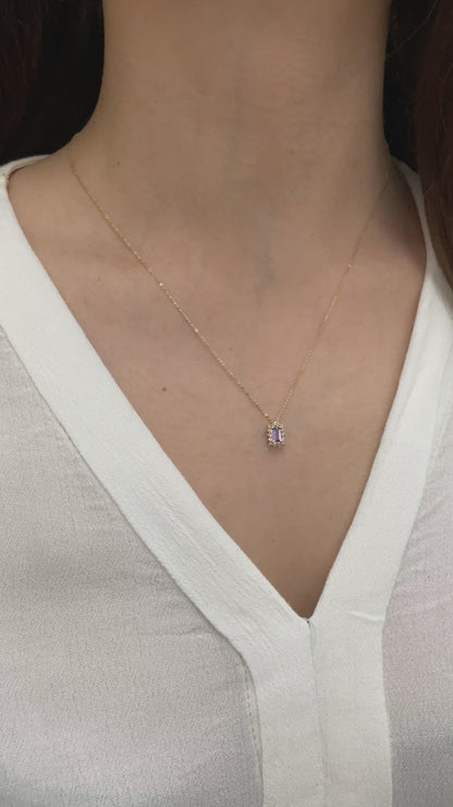 Rectangle Alexandrite Necklace with Real Diamond 14K Solid Gold, June Birthstone