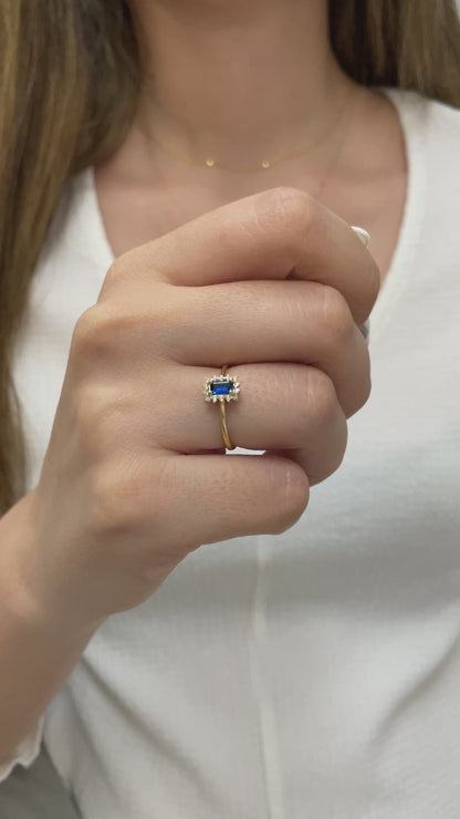 Sapphire Rectangle Ring with Real Diamonds, 14K Solid Gold