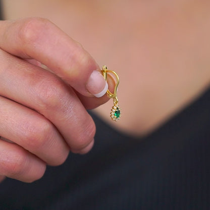 Teardrop Dangle Emerald Earring Surrounded by Real Diamonds 8K/10K/14K Solid Gold, May Birthstone