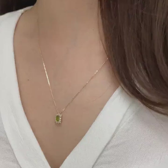 14K Solid Gold Peridot Necklace with Genuine Diamond, Rectangle August Birthstone, Minimalist Gift for Mother's Day - Girlfriend - Wife