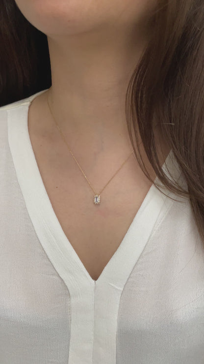 Rectangle White Topaz Necklace with Real Diamond 14K Solid Gold, April Birthstone