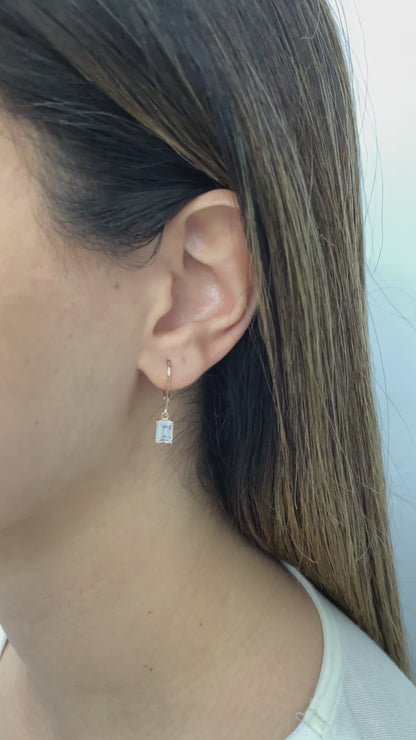 Dangle Rectangle White Topaz Earring 8K/10K/14K Solid Gold, April Birthstone
