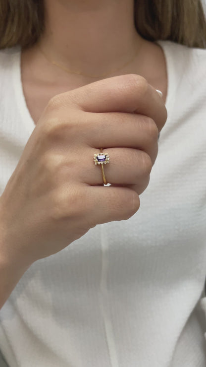 Alexandrite Rectangle Ring with Real Diamonds, 14K Solid Gold