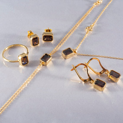 Smoky Quartz Rectangle Necklace 14K Solid Gold Queen Jewelry Necklace
