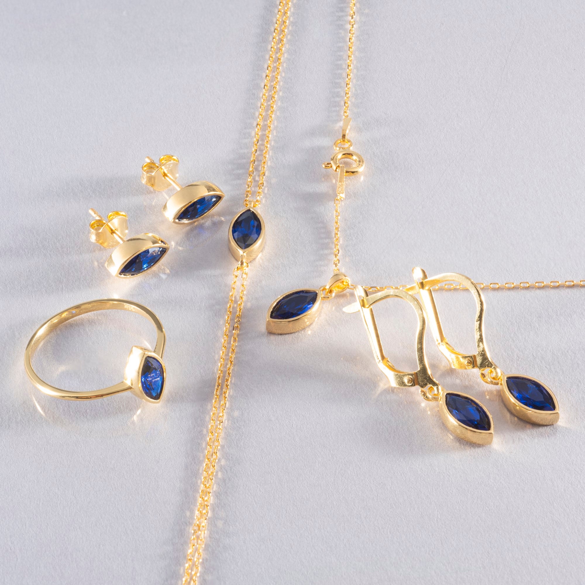 Sapphire Dangle Earrings Bezel Marquise Cut in 14K Solid Gold, September Birthstone Jewelry Queen Jewelry Earrings