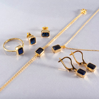 Rectangle Sapphire Dangling Earrings in 14K Solid Gold, September Birthstone Baguette Cut Jewelry Queen Jewelry Earrings