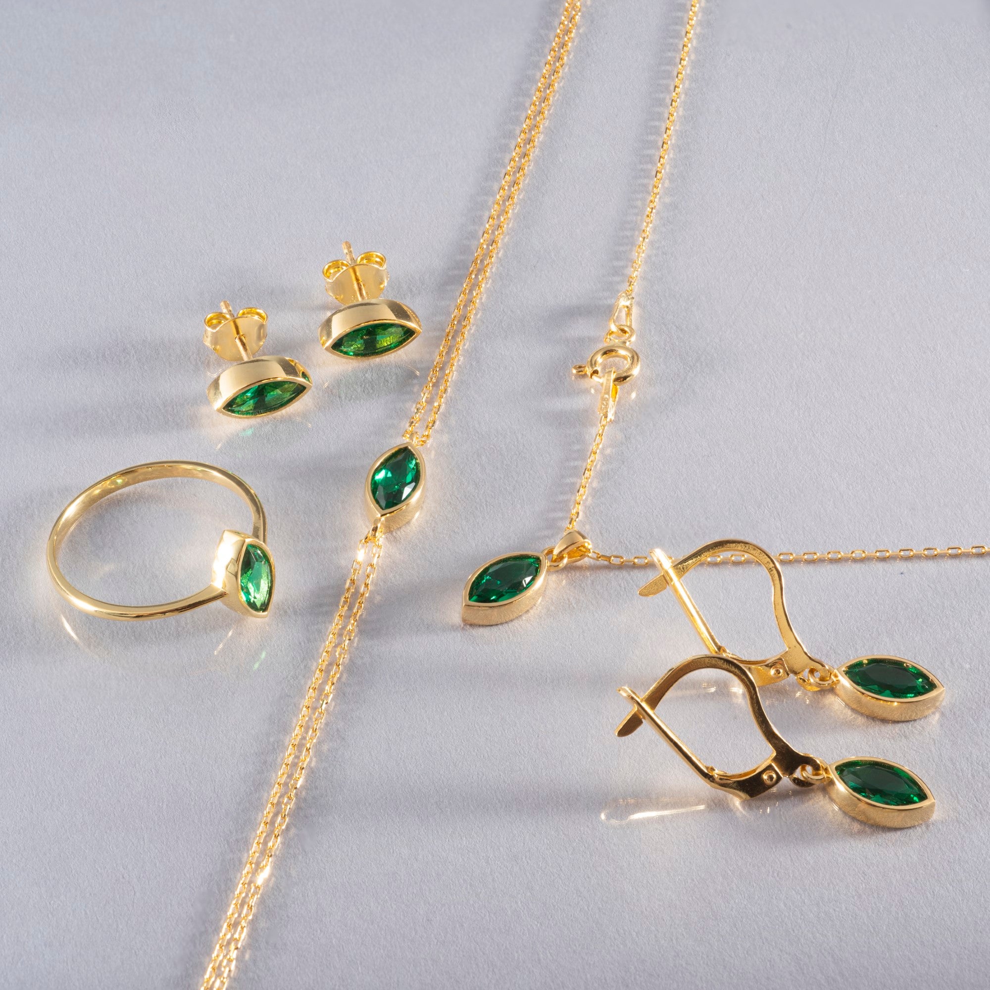Emerald Dangle Earrings Bezel Marquise Cut in 14K Solid Gold, May Birthstone Jewelry Queen Jewelry Earrings